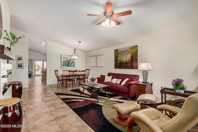 5354 W Eagle Claws Ct, Marana, AZ 85658 - living room featuring a ceiling fan, tile patterned flooring, and lofted ceiling