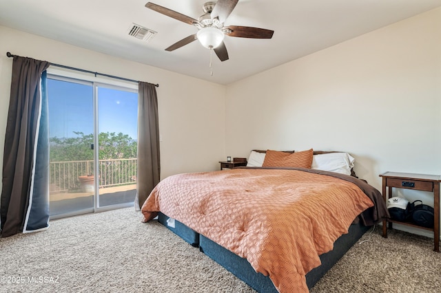 carpeted bedroom featuring a ceiling fan, visible vents, and access to outside