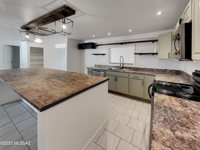 6760 S Calle Gavilan, Tucson, AZ 85746 - kitchen with a sink, decorative backsplash, open shelves, a kitchen island, and appliances with stainless steel finishes