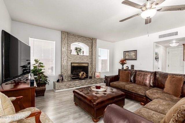 3825 W Perseus St, Tucson, AZ 85742 - living area with ceiling fan, wood finished floors, visible vents, and a fireplace