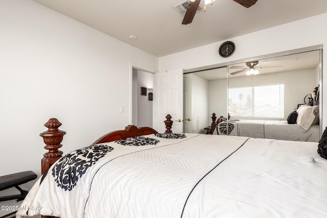 3825 W Perseus St, Tucson, AZ 85742 - bedroom featuring visible vents, a closet, and ceiling fan