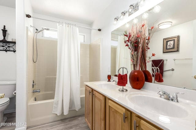 3825 W Perseus St, Tucson, AZ 85742 - full bath featuring shower / bath combo, toilet, wood finished floors, and a sink