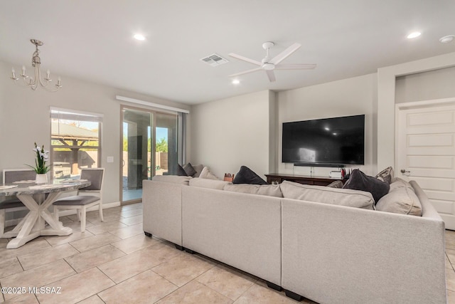 17949 S Whispering Glen Path, Sahuarita, AZ 85629 - living room with recessed lighting, ceiling fan, and light tile patterned floors
