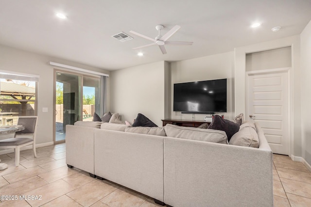 17949 S Whispering Glen Path, Sahuarita, AZ 85629 - living room featuring light tile patterned floors, ceiling fan, baseboards, and recessed lighting