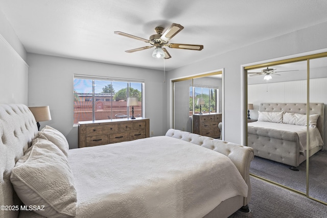 1376 S Desert Meadows Cir, Green Valley, AZ 85614 - bedroom with multiple closets, multiple windows, carpet, and ceiling fan