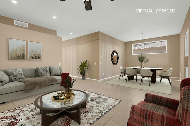 38876 S Serenity Ln, Tucson, AZ 85739 - living room with recessed lighting, visible vents, ceiling fan, and light tile patterned floors