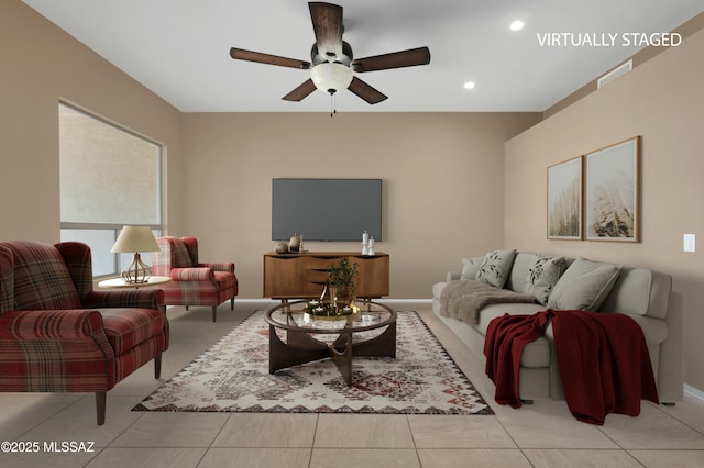 38876 S Serenity Ln, Tucson, AZ 85739 - living room with recessed lighting, baseboards, and ceiling fan