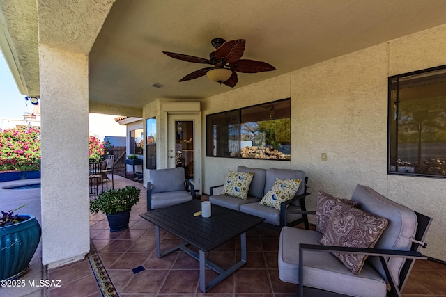 7361 E Riverbank Loop, Tucson, AZ 85715 - view of patio / terrace featuring an outdoor hangout area, ceiling fan, and visible vents