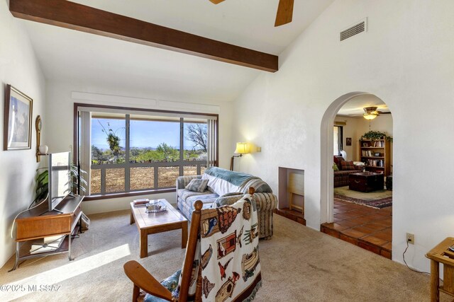280 W Oak Hills Dr, Oracle, AZ 85623 - carpeted living area with ceiling fan and arched walkways