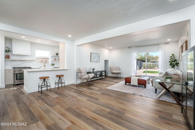 living room featuring recessed lighting, wood finished floors, and baseboards