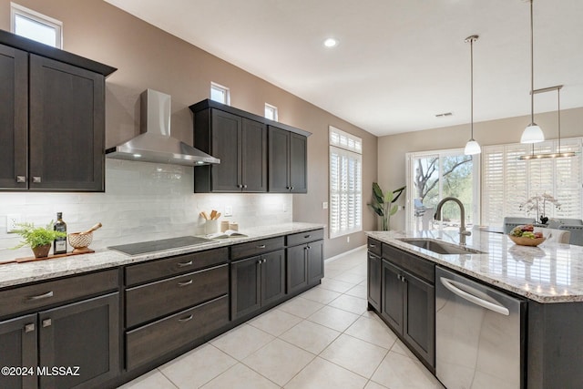 5152 W Heritage Gateway Pl, Marana, AZ 85658 - kitchen with stainless steel dishwasher, tasteful backsplash, a sink, black electric cooktop, and wall chimney exhaust hood