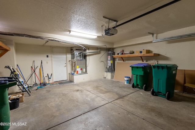garage with water heater, heating unit, and a garage door opener