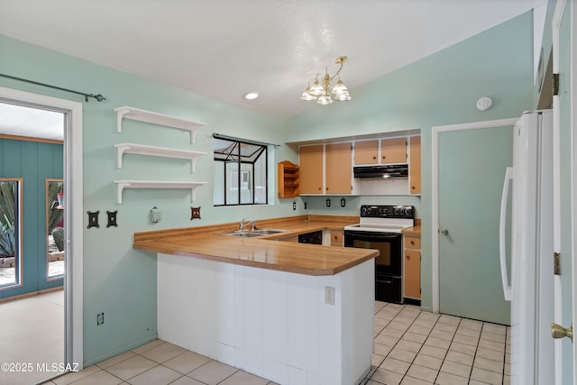 2991 W Basil Pl, Tucson, AZ 85741 - kitchen with electric range, a sink, under cabinet range hood, a peninsula, and freestanding refrigerator