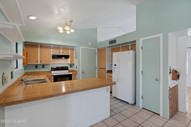 2991 W Basil Pl, Tucson, AZ 85741 - kitchen with white fridge with ice dispenser, electric range oven, a sink, under cabinet range hood, and a peninsula