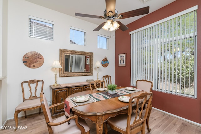 dining room featuring ceiling fan, light wood-style flooring, and baseboards