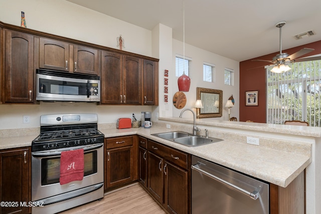 kitchen with a wealth of natural light, a peninsula, appliances with stainless steel finishes, and a sink