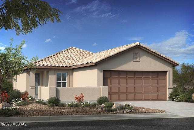 view of front facade with an attached garage, a tile roof, stucco siding, and concrete driveway