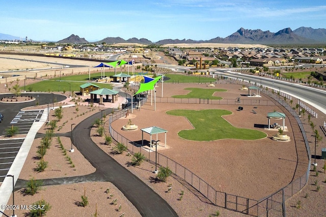 birds eye view of property featuring a mountain view and a residential view