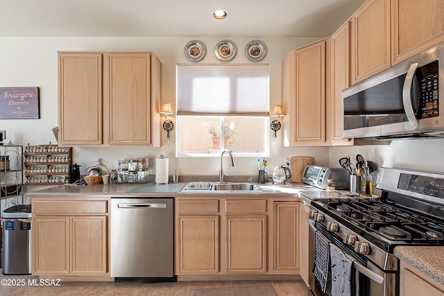 3033 W Desert Glory, Tucson, AZ 85745 - kitchen featuring recessed lighting, light brown cabinetry, stainless steel appliances, and a sink