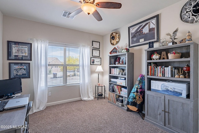 misc room featuring baseboards, visible vents, ceiling fan, and carpet floors