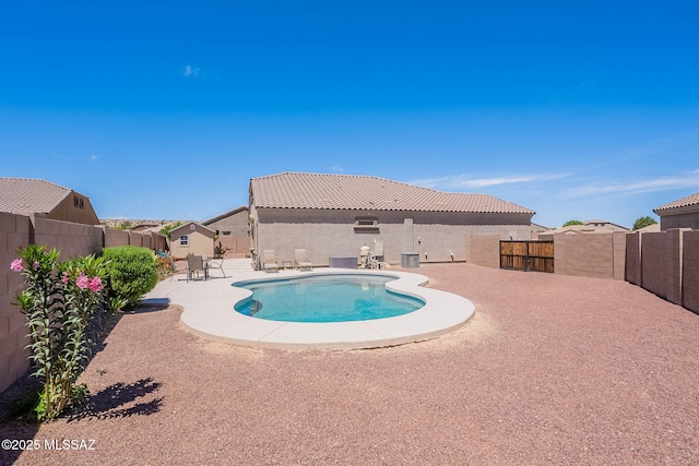 view of swimming pool with a fenced in pool, central air condition unit, a patio, and a fenced backyard