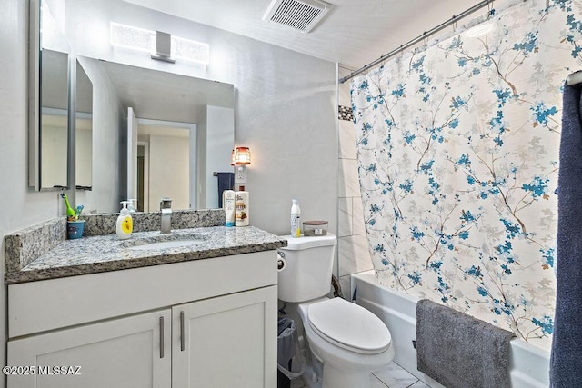 full bath featuring vanity, shower / bath combination with curtain, toilet, and visible vents