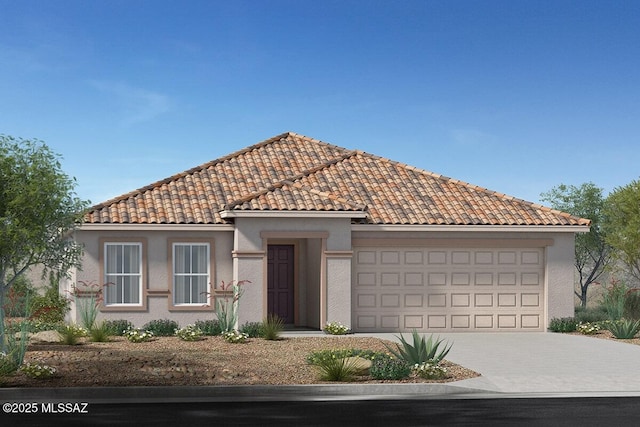 mediterranean / spanish-style home featuring stucco siding, a tile roof, driveway, and a garage