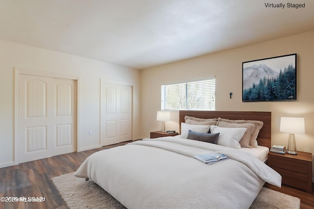 912 S Las Lomas Cir, Green Valley, AZ 85614 - bedroom featuring two closets, baseboards, and dark wood finished floors