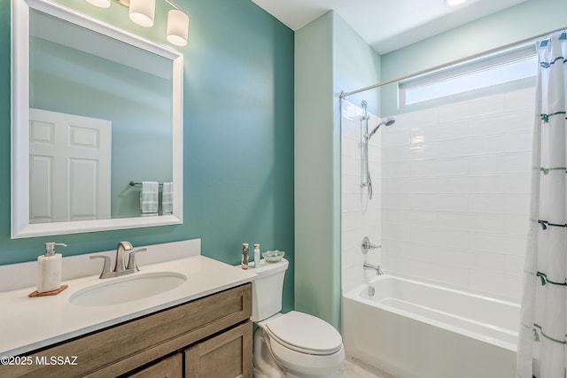 full bath with toilet, vanity, and shower / bathtub combination with curtain