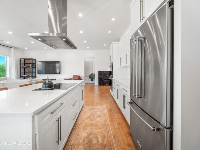 2540 W Oasis Springs Ct, Tucson, AZ 85742 - kitchen featuring island range hood, white cabinets, open floor plan, light wood-style floors, and stainless steel appliances