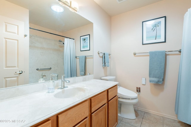 full bathroom featuring vanity, toilet, visible vents, baseboards, and tile patterned flooring