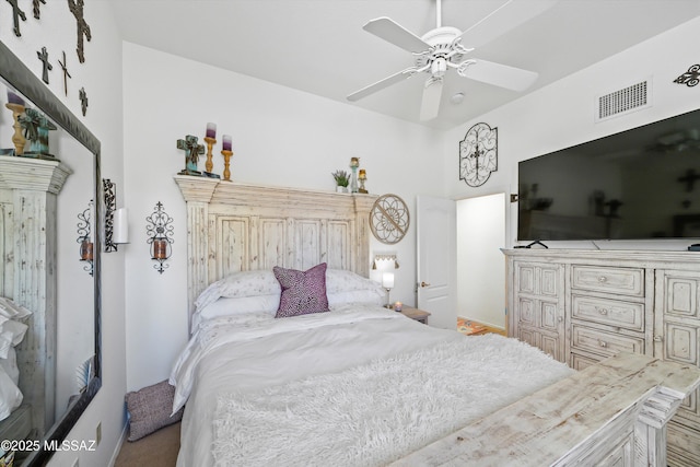 bedroom featuring visible vents and ceiling fan