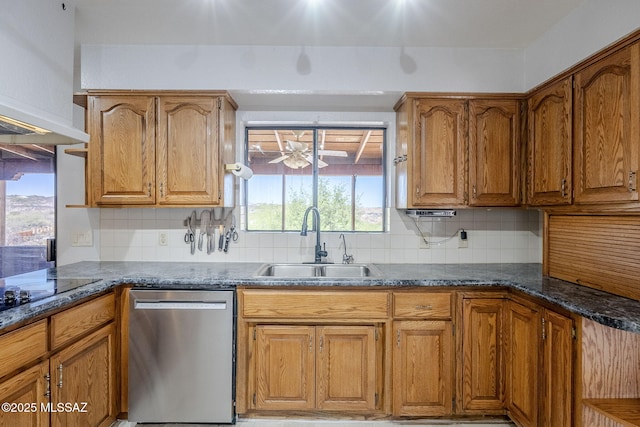 kitchen featuring tasteful backsplash, black electric stovetop, a sink, dishwasher, and a ceiling fan