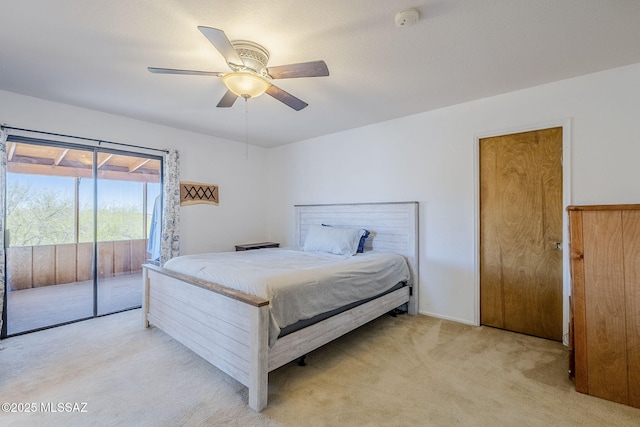 bedroom featuring ceiling fan, access to outside, and light carpet