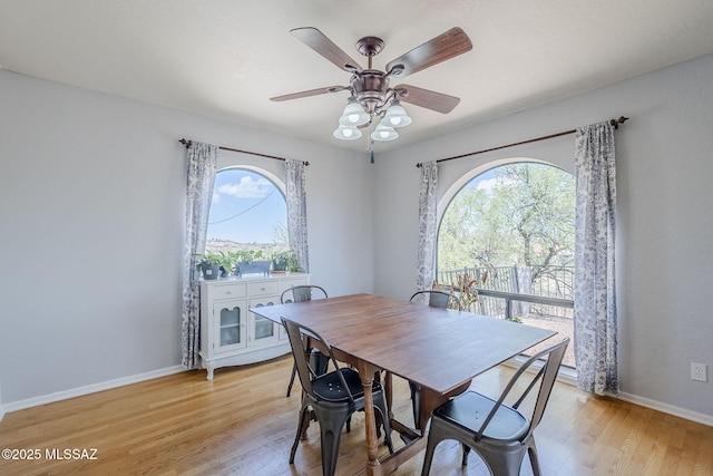 dining area with a wealth of natural light, ceiling fan, light wood-type flooring, and baseboards