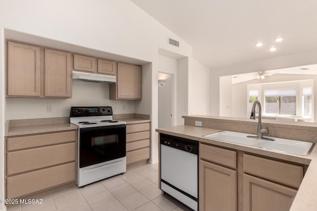 kitchen with a sink, visible vents, under cabinet range hood, electric range, and dishwasher