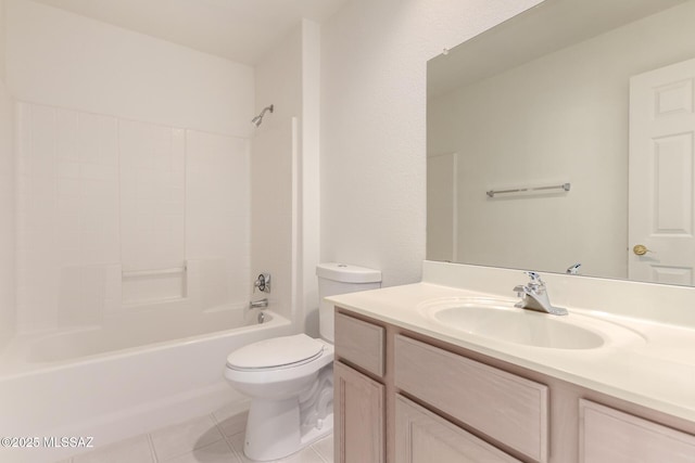 bathroom featuring toilet, vanity, tile patterned floors, and  shower combination