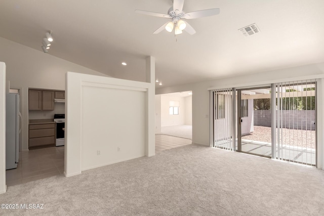 unfurnished living room with recessed lighting, light tile patterned floors, light carpet, visible vents, and a ceiling fan