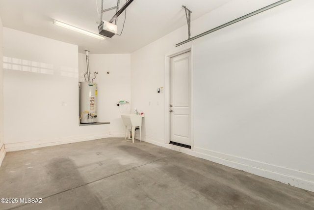 garage with water heater, baseboards, and a garage door opener