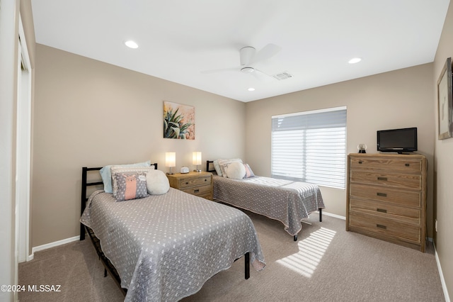bedroom with baseboards, visible vents, recessed lighting, a ceiling fan, and carpet floors