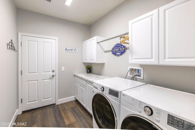 32968 S Cattle Trl, Oracle, AZ 85623 - clothes washing area with cabinet space, baseboards, dark wood finished floors, and washer and clothes dryer
