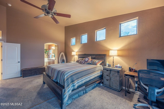 14245 E Wild Jesse Way, Vail, AZ 85641 - bedroom featuring carpet floors, arched walkways, ensuite bathroom, a high ceiling, and multiple windows
