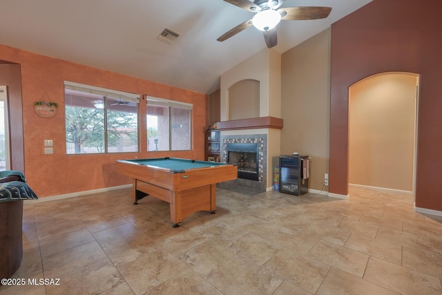 14245 E Wild Jesse Way, Vail, AZ 85641 - recreation room featuring a tiled fireplace, vaulted ceiling, ceiling fan, billiards, and baseboards