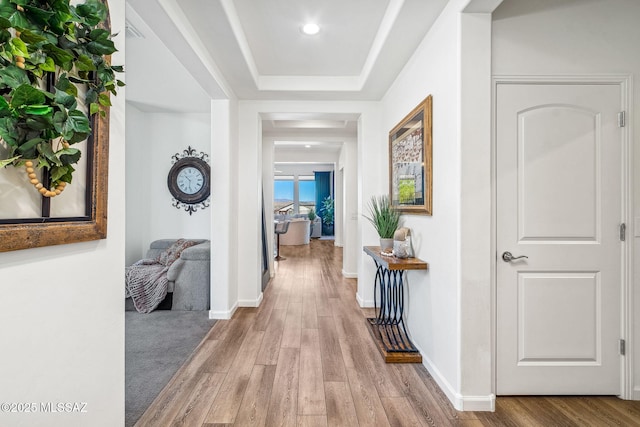 hallway featuring baseboards, wood finished floors, and a tray ceiling