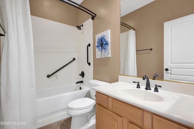 full bath featuring toilet, tile patterned floors, shower / bath combo, and vanity