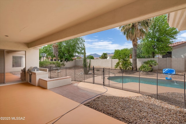 view of swimming pool featuring a patio, area for grilling, a fenced in pool, and a fenced backyard