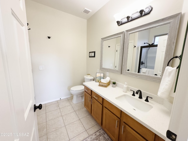 full bathroom with visible vents, tile patterned flooring, vanity, baseboards, and toilet