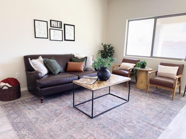 living area with baseboards and wood finished floors