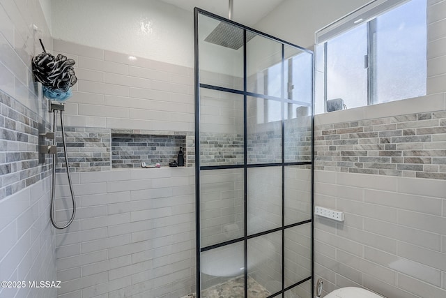 bathroom featuring a stall shower and toilet