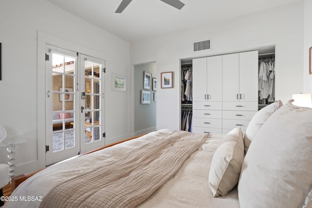 bedroom featuring a closet, ceiling fan, french doors, and visible vents